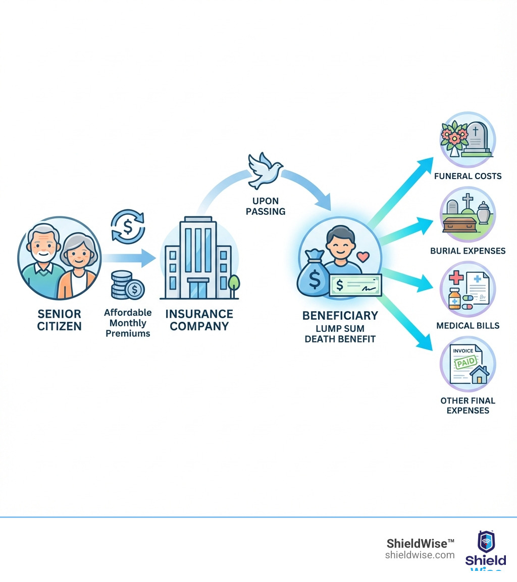 infographic showing final expense insurance process: senior pays affordable monthly premiums to insurance company, upon passing the insurance company pays a lump sum death benefit to the beneficiary, beneficiary uses funds to cover funeral costs burial expenses medical bills and other final expenses - final expense - basics and education infographic 