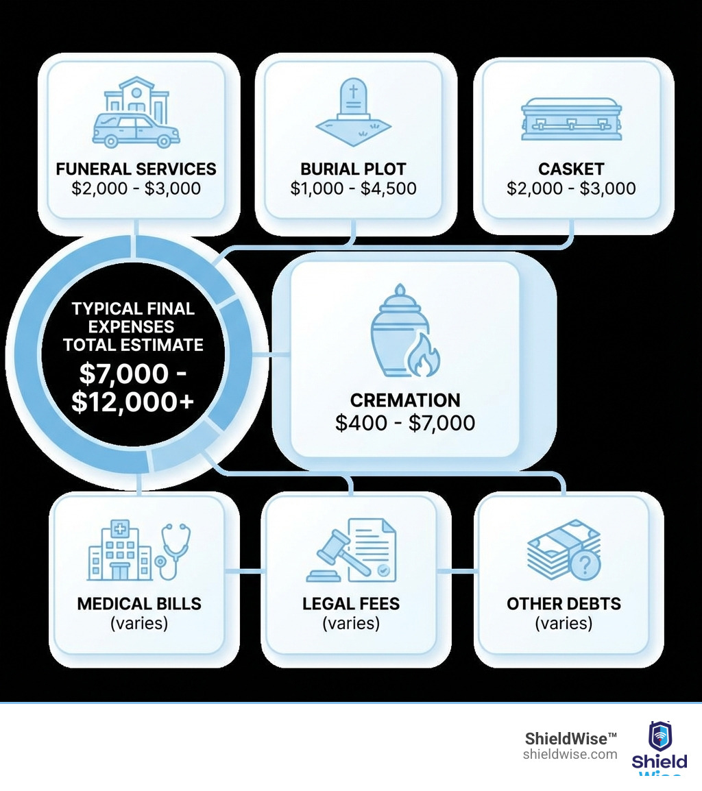Infographic showing the breakdown of typical final expenses: funeral services ($2,000-$3,000), burial plot ($1,000-$4,500), casket ($2,000-$3,000), cremation ($400-$7,000), medical bills (varies), legal fees (varies), and other debts, with a total range of $7,000-$12,000 or more - final expense - cost and quotes infographic 
