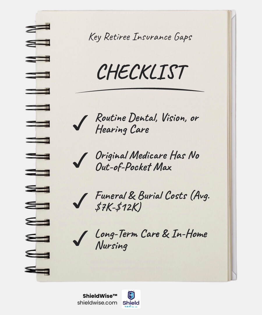 Infographic showing common insurance gaps for retirees: 1) Medicare does not cover routine dental, vision, or hearing care; 2) Original Medicare has no out-of-pocket maximum; 3) Funeral and burial costs average $7,000-$12,000 and are not covered by government programs; 4) Prescription drugs may require separate Part D coverage; 5) Long-term care and in-home nursing are rarely covered by standard plans - affordable insurance solutions for retirees infographic checklist-notebook Infographic showing common insurance gaps for retirees: 1) Medicare does not cover routine dental, vision, or hearing care; 2) Original Medicare has no out-of-pocket maximum; 3) Funeral and burial costs average $7,000-$12,000 and are not covered by government programs; 4) Prescription drugs may require separate Part D coverage; 5) Long-term care and in-home nursing are rarely covered by standard plans - affordable insurance solutions for retirees infographic checklist-notebook