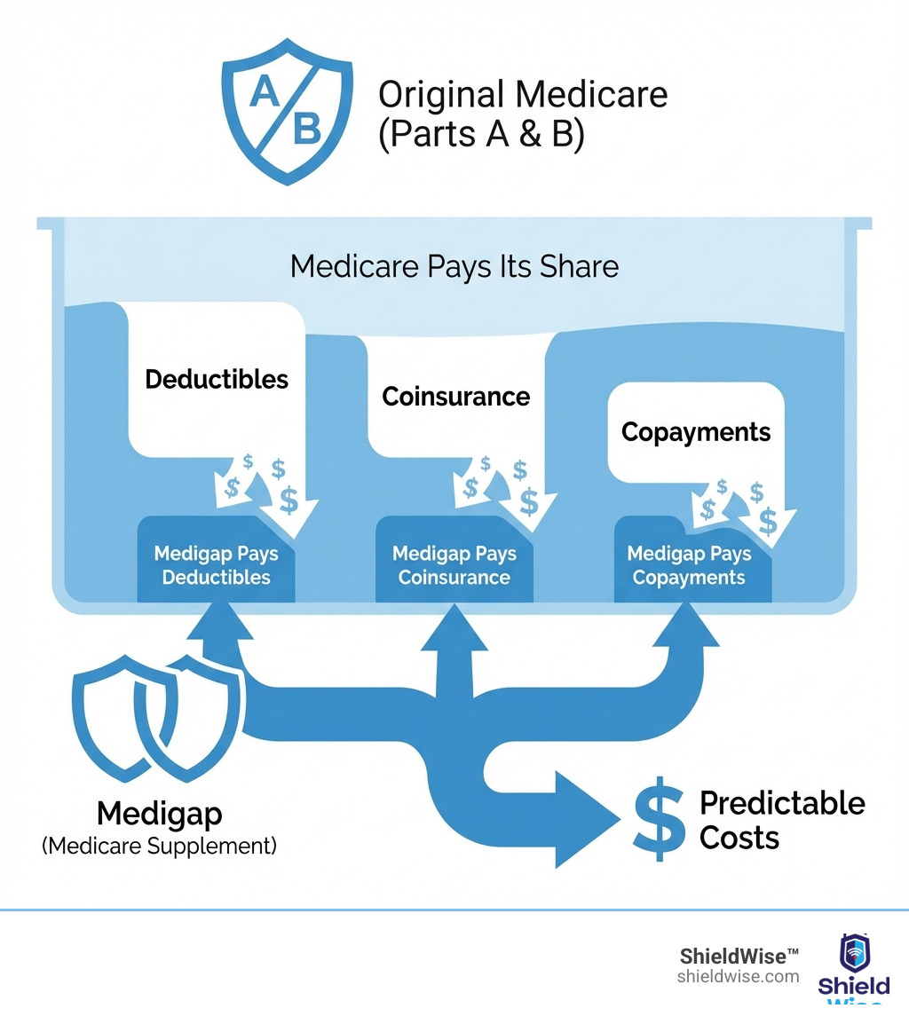 infographic showing how Original Medicare leaves gaps in coverage (deductibles, coinsurance, copayments) and how Medigap policies fill those gaps, with visual representation of Medicare paying its share and Medigap paying the remaining costs - medicare - supplement and medigap infographic 