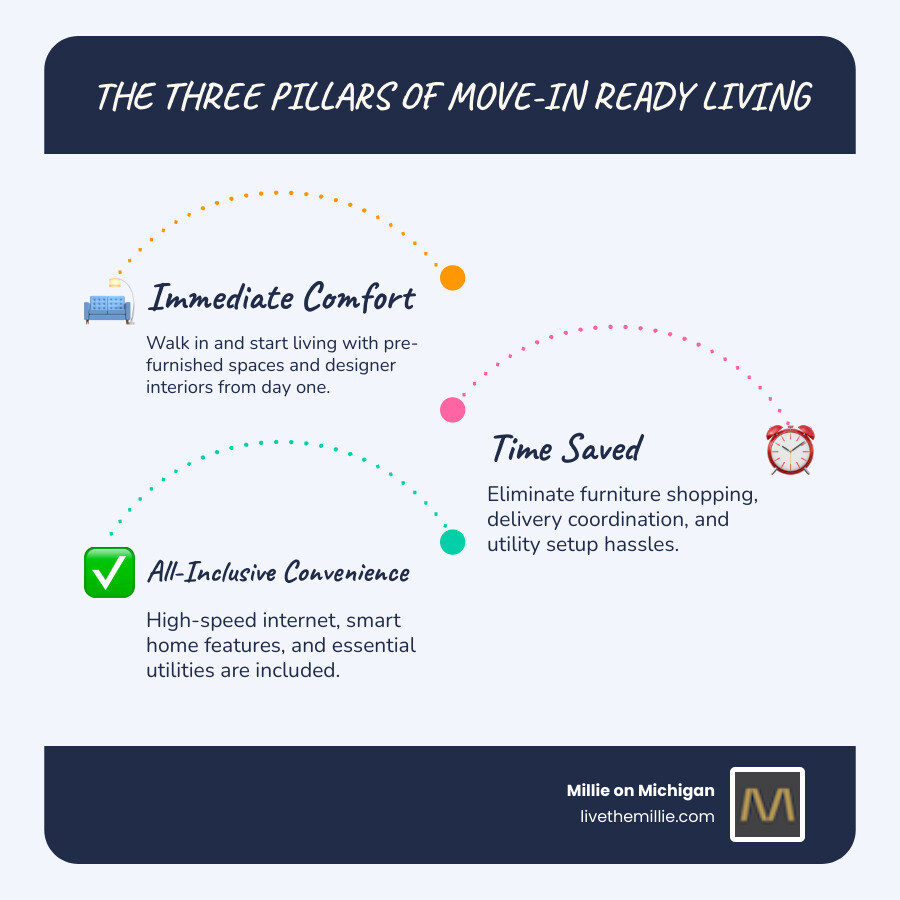 Infographic showing the three pillars of move-in ready living: 1) Immediate Comfort - walk in and start living with pre-furnished spaces and designer interiors, 2) Time Saved - eliminate furniture shopping, delivery coordination, and utility setup, 3) All-Inclusive Convenience - high-speed internet, smart home features, and essential utilities included from day one - move-in ready apartment near magnificent mile infographic infographic-line-3-steps-blues-accent_colors Infographic showing the three pillars of move-in ready living: 1) Immediate Comfort - walk in and start living with pre-furnished spaces and designer interiors, 2) Time Saved - eliminate furniture shopping, delivery coordination, and utility setup, 3) All-Inclusive Convenience - high-speed internet, smart home features, and essential utilities included from day one - move-in ready apartment near magnificent mile infographic infographic-line-3-steps-blues-accent_colors