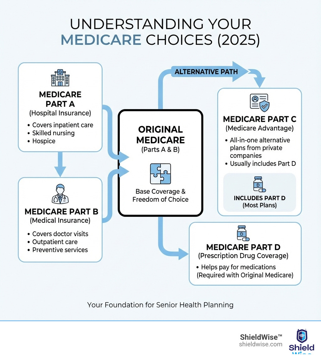 Infographic showing four boxes labeled Medicare Part A (Hospital Insurance - covers inpatient care, skilled nursing, hospice), Medicare Part B (Medical Insurance - covers doctor visits, outpatient care, preventive services), Medicare Part C (Medicare Advantage - all-in-one alternative plans from private companies), and Medicare Part D (Prescription Drug Coverage - helps pay for medications). Arrows show how Parts A and B make up Original Medicare, while Part C is a separate alternative that usually includes Part D. - best insurance options for seniors on medicare and fixed income infographic Infographic showing four boxes labeled Medicare Part A (Hospital Insurance - covers inpatient care, skilled nursing, hospice), Medicare Part B (Medical Insurance - covers doctor visits, outpatient care, preventive services), Medicare Part C (Medicare Advantage - all-in-one alternative plans from private companies), and Medicare Part D (Prescription Drug Coverage - helps pay for medications). Arrows show how Parts A and B make up Original Medicare, while Part C is a separate alternative that usually includes Part D. - best insurance options for seniors on medicare and fixed income infographic