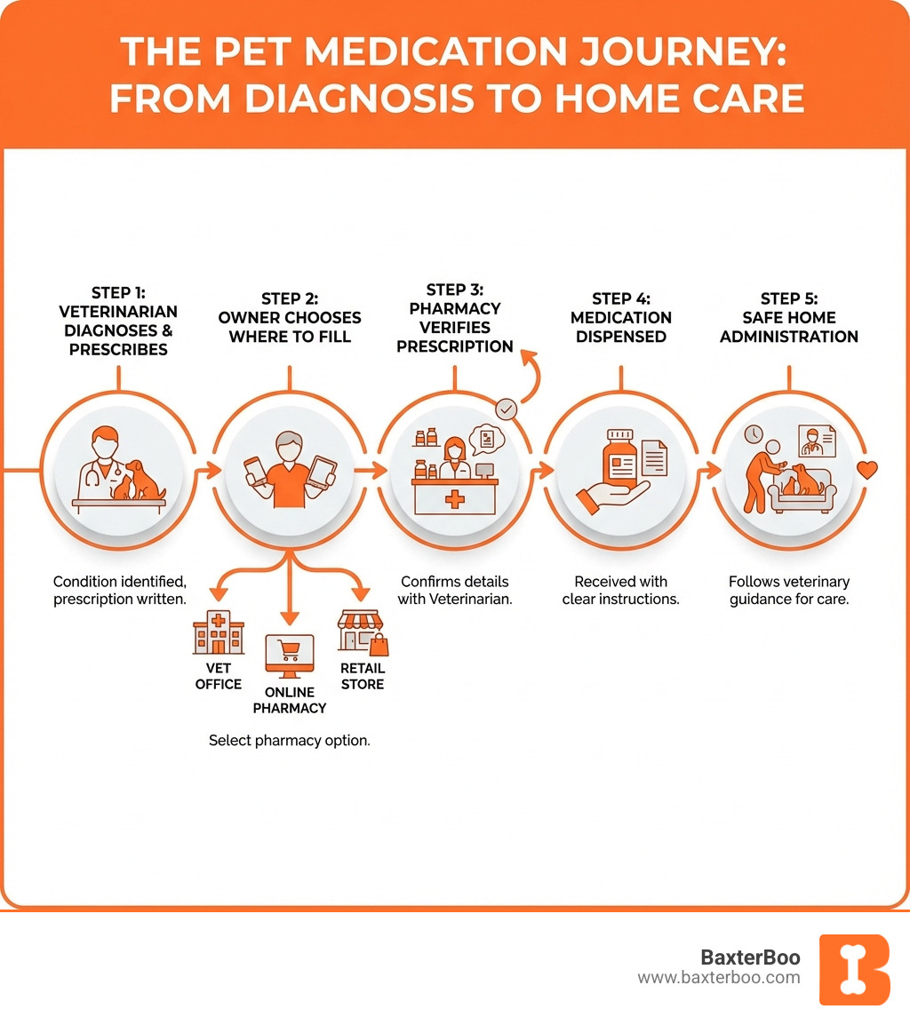 Infographic showing the pet medication journey: Step 1 - Veterinarian diagnoses condition and writes prescription; Step 2 - Pet owner chooses where to fill prescription (vet office, online pharmacy, or retail store); Step 3 - Pharmacy verifies prescription with veterinarian; Step 4 - Medication is dispensed with clear instructions; Step 5 - Pet owner administers medication safely at home following veterinary guidance - pet medications infographic 