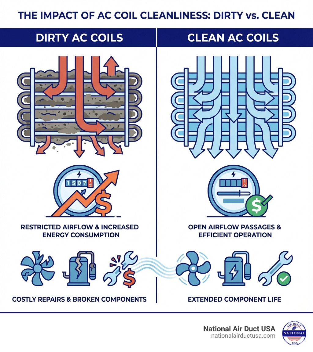 Infographic showing how dirty AC coils restrict airflow through clogged fins, increase energy consumption with a rising electricity meter, and lead to costly repairs with dollar signs and broken components, compared to clean coils with open airflow passages and efficient operation - AC coil cleaning brush infographic 