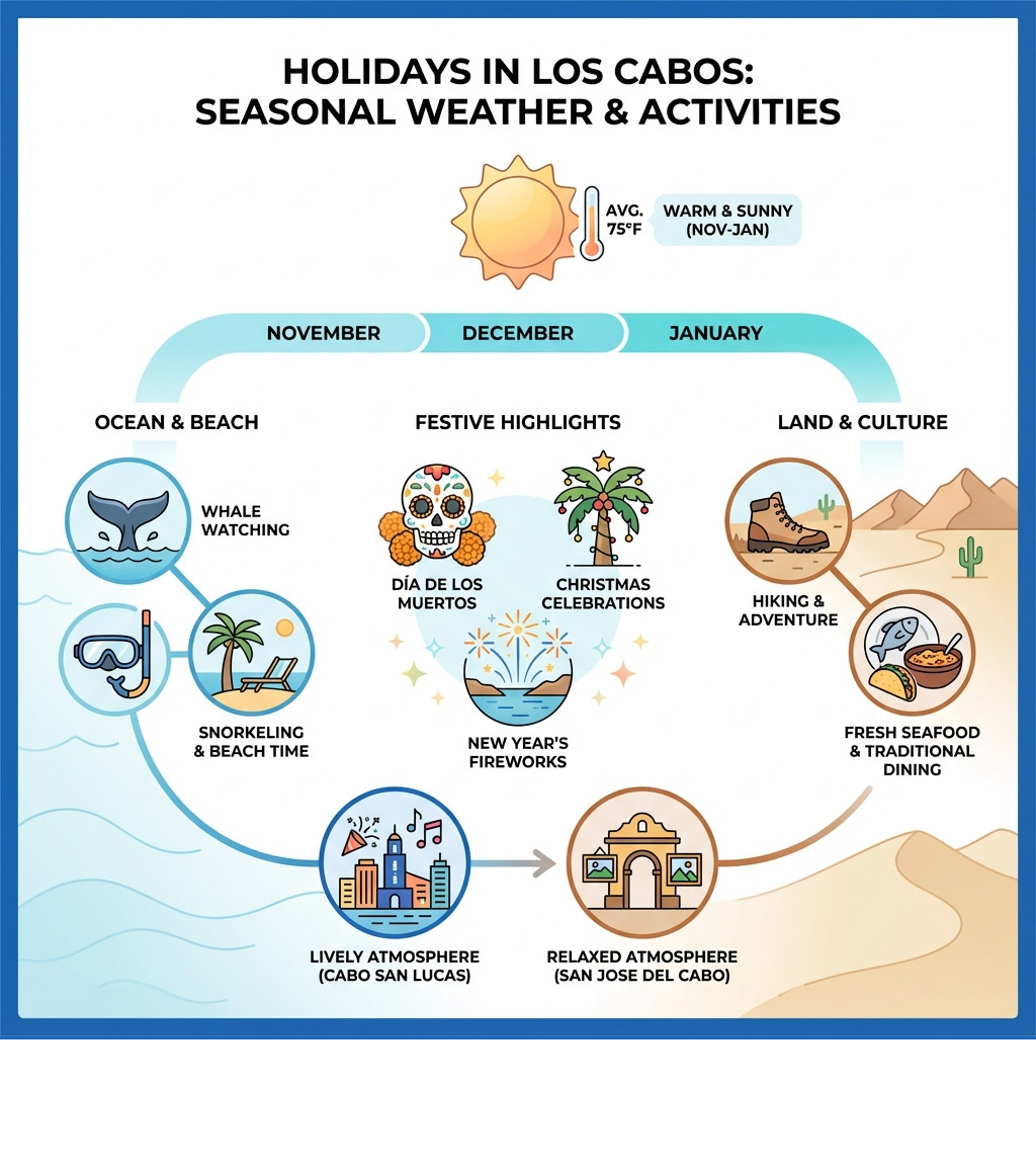 Infographic showing Los Cabos holiday season weather and activities - Holidays in Los Cabos infographic Infographic showing Los Cabos holiday season weather and activities - Holidays in Los Cabos infographic