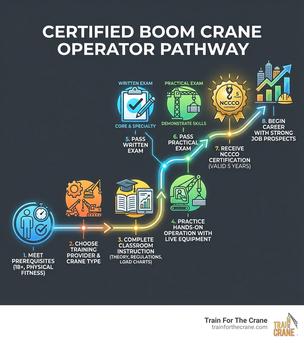 infographic showing the step-by-step process to become a certified boom crane operator: 1. Meet prerequisites (age 18+, physical fitness), 2. Choose training provider and boom crane type, 3. Complete classroom instruction (theory, regulations, load charts), 4. Practice hands-on operation with live equipment, 5. Pass written exam (core and specialty), 6. Pass practical exam (demonstrate skills), 7. Receive NCCCO certification (valid 5 years), 8. Begin career with strong job prospects - Boom crane training infographic 