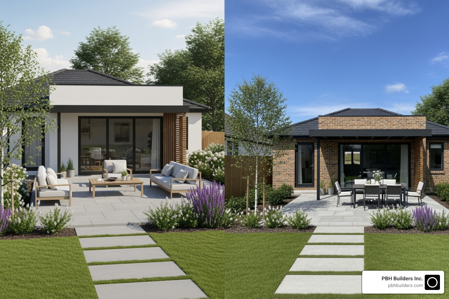 A 3D rendering of an outdoor living design next to the completed project, showing a seamless transition from concept to reality - Custom outdoor living
