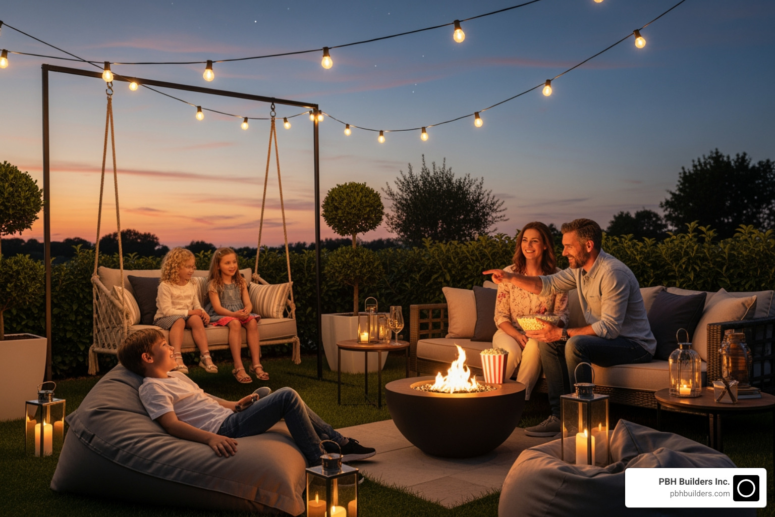 A family enjoying a beautiful outdoor entertainment area at dusk, with ambient lighting and comfortable seating - Custom outdoor living