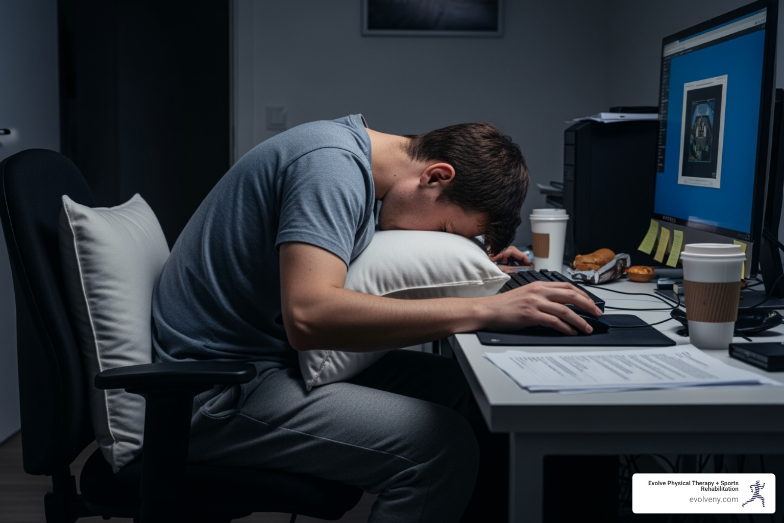 person at desk slouching - awkward body posture