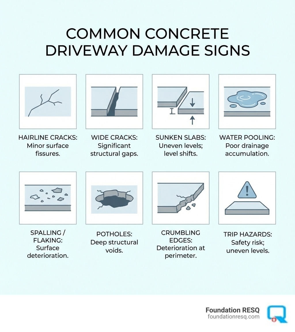 Infographic showing common concrete driveway damage signs including hairline cracks, wide cracks, sunken slabs with measurement indicators, water pooling areas, spalling or flaking surface damage, potholes, crumbling edges, and trip hazards with warning symbols, organized in a visual grid with icons and brief descriptions for each type of damage - concrete driveway repair tallahassee infographic Infographic showing common concrete driveway damage signs including hairline cracks, wide cracks, sunken slabs with measurement indicators, water pooling areas, spalling or flaking surface damage, potholes, crumbling edges, and trip hazards with warning symbols, organized in a visual grid with icons and brief descriptions for each type of damage - concrete driveway repair tallahassee infographic