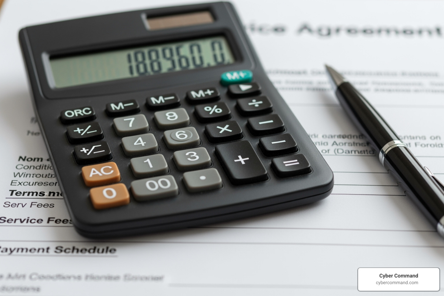 calculator and a service agreement document, symbolizing cost and contracts - managed it services plans calculator and a service agreement document, symbolizing cost and contracts - managed it services plans