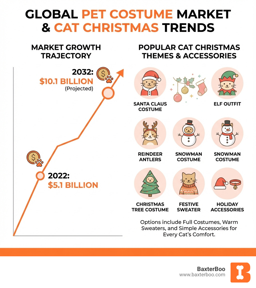 Infographic showing the growth of the pet costume market from $5.1 billion in 2022 to projected $10.1 billion by 2032, with popular Christmas themes for cats like Santa Claus costumes, elf outfits, reindeer antlers, snowman costumes, Christmas tree costumes, festive sweaters, and holiday accessories like hats and collars - cat christmas clothes infographic Infographic showing the growth of the pet costume market from $5.1 billion in 2022 to projected $10.1 billion by 2032, with popular Christmas themes for cats like Santa Claus costumes, elf outfits, reindeer antlers, snowman costumes, Christmas tree costumes, festive sweaters, and holiday accessories like hats and collars - cat christmas clothes infographic