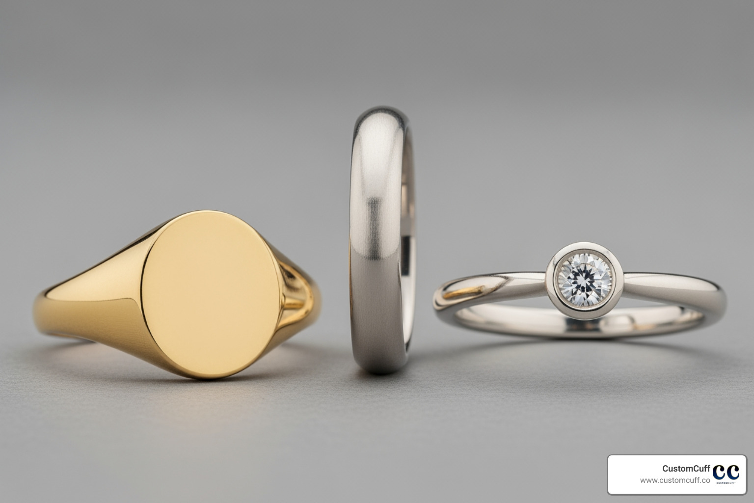 a signet ring, a wedding band, and a promise ring side-by-side - engraved rings
