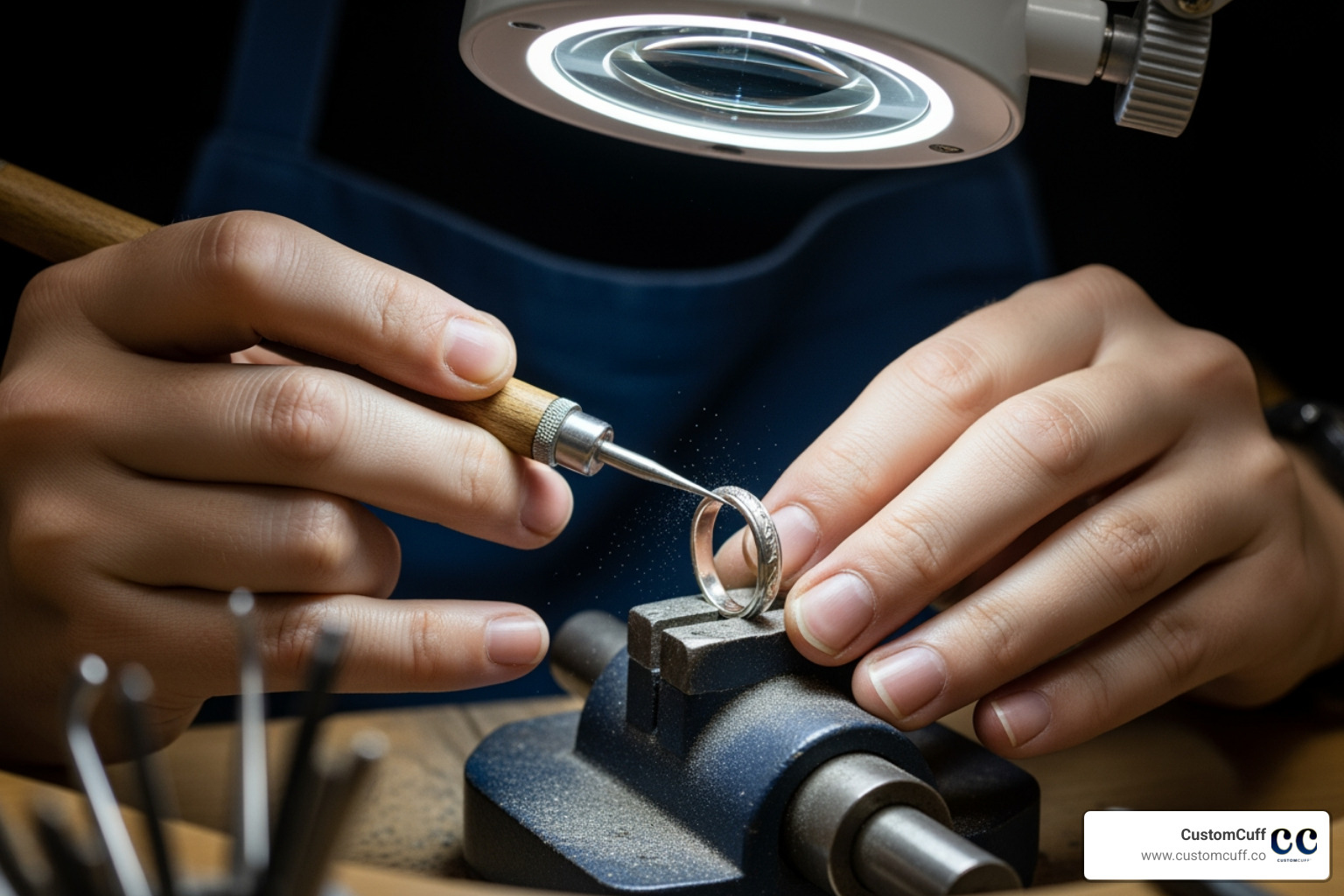 a jeweler's hands using a tool for hand engraving - engraved rings