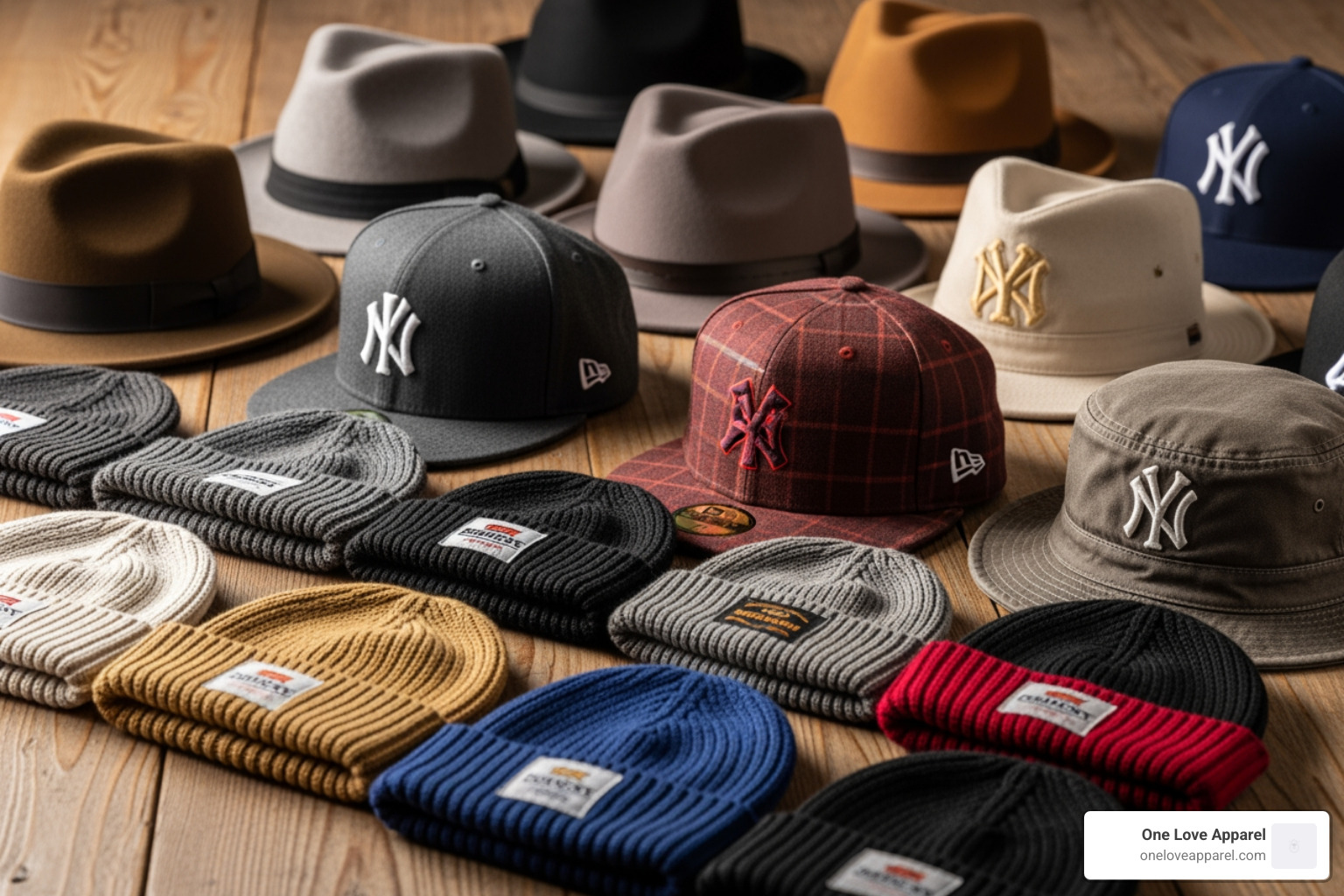 diverse collection of men's hats arranged on a wooden surface - hats for men