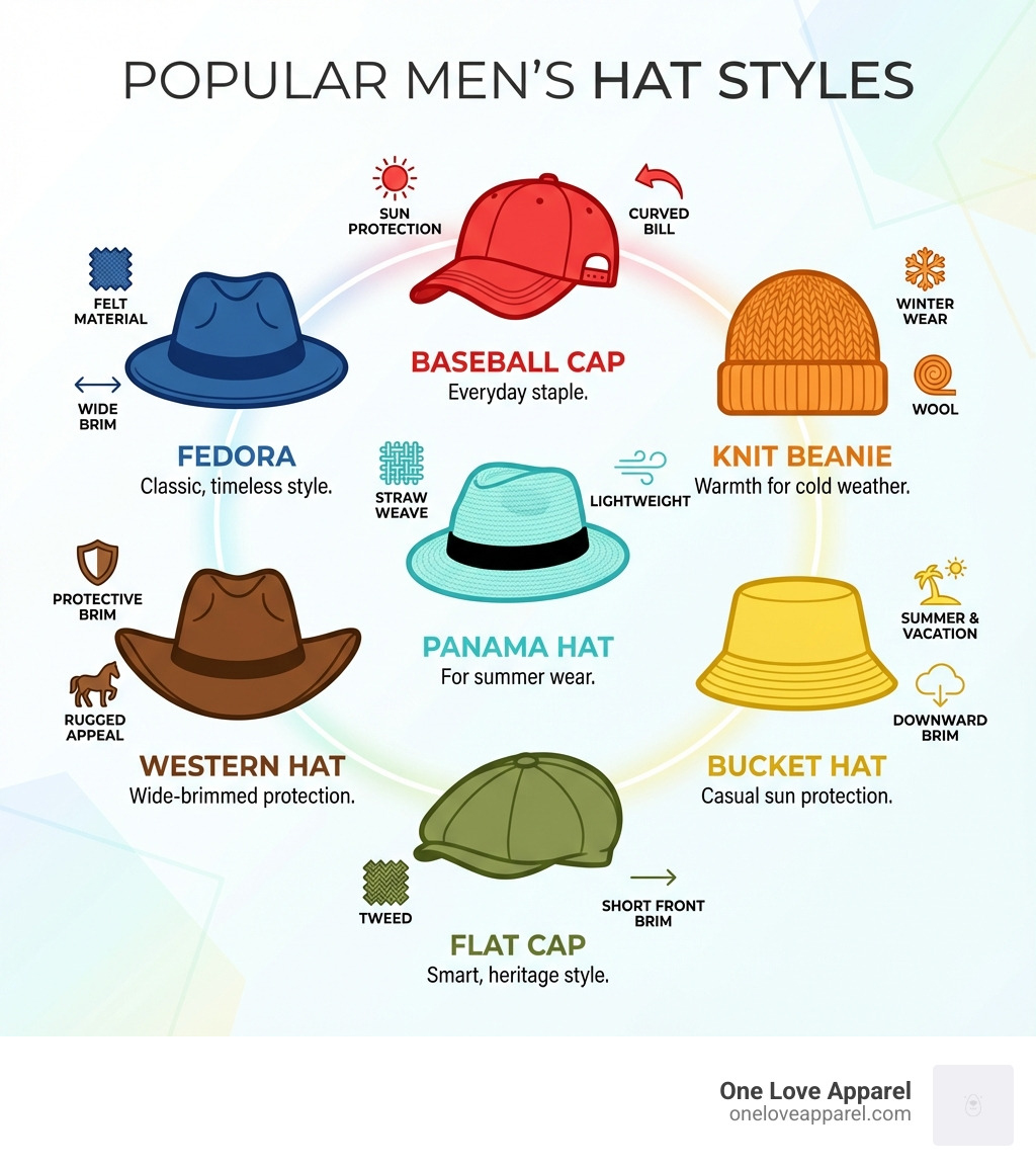 infographic showing popular men's hat styles including fedora with felt material and wide brim, baseball cap with curved bill and adjustable back, knit beanie in wool for winter wear, bucket hat with downward sloping brim for sun protection, flat cap in tweed with short front brim, panama hat in straw weave for summer, and western hat with wide protective brim - hats for men infographic 