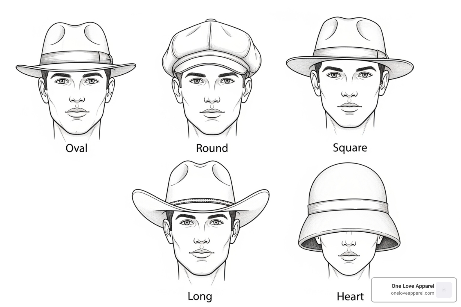 diagram illustrating how different hat styles balance various face shapes (Oval, Round, Square, Long, Heart) - hats for men