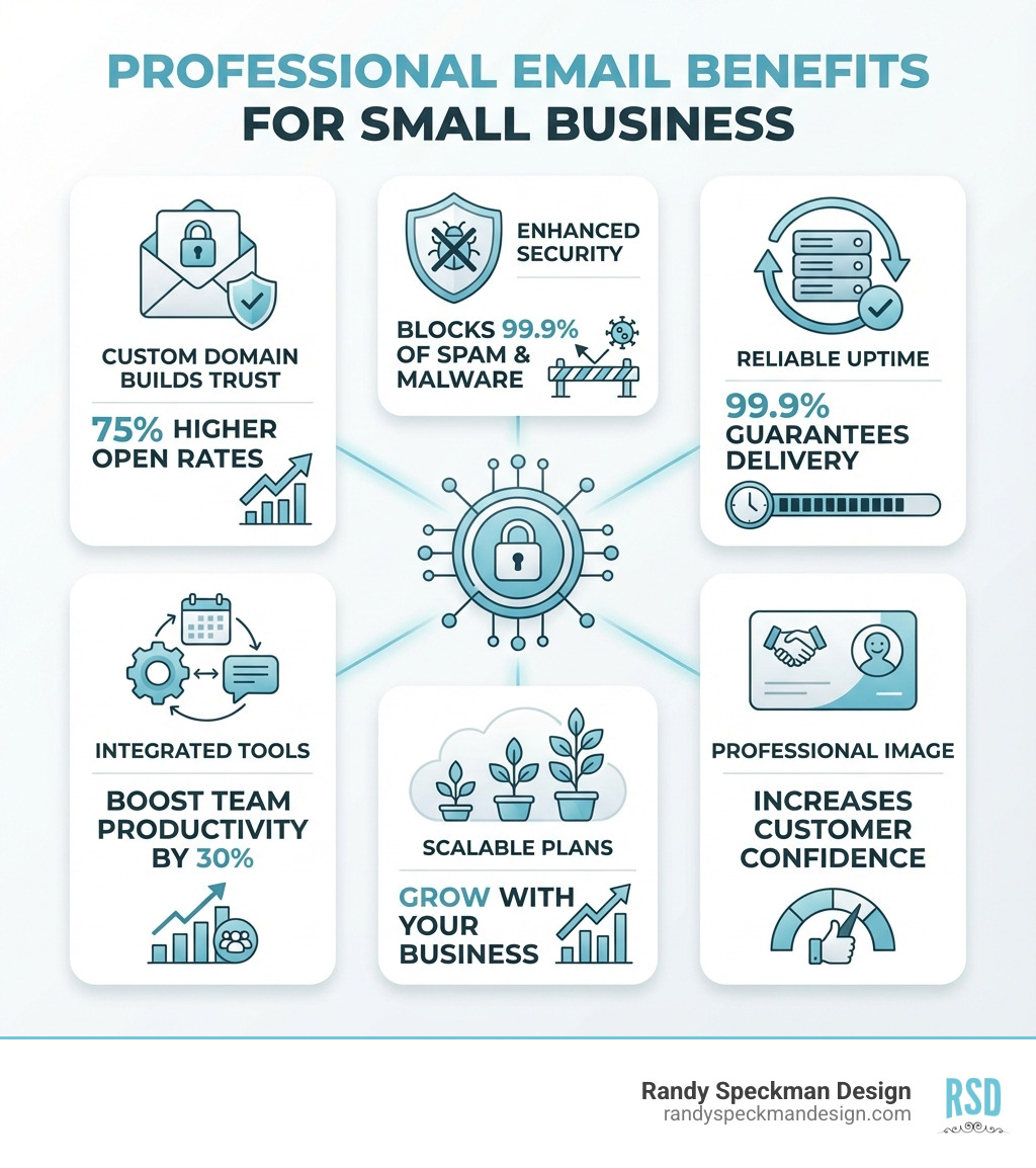 infographic showing professional email benefits: custom domain builds trust with 75% higher open rates, enhanced security blocks 99.9% of spam and malware, reliable 99.9% uptime guarantees delivery, integrated tools boost team productivity by 30%, scalable plans grow with your business, professional image increases customer confidence - email hosting services for small business infographic 
