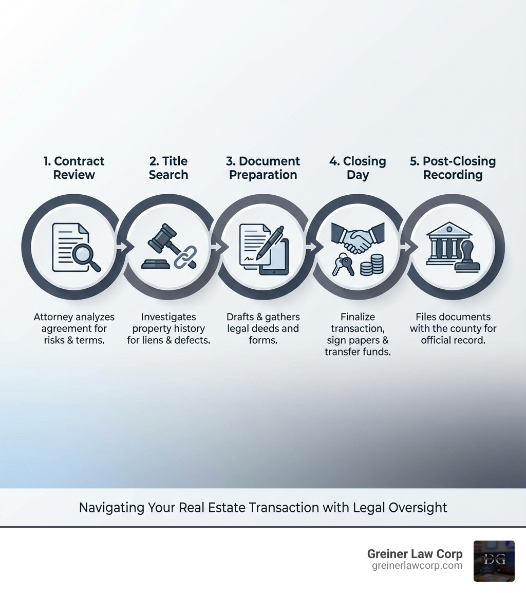 infographic showing the property closing process with five key stages: contract review, title search, document preparation, closing day, and post-closing recording - Property closing attorney infographic 