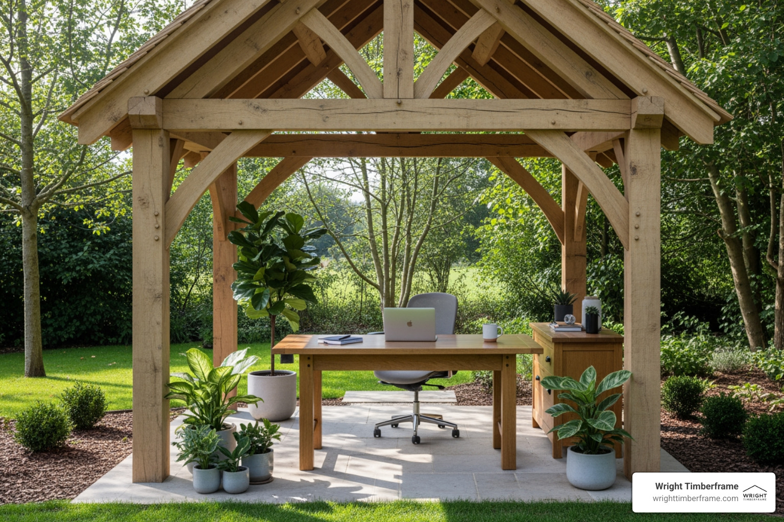 a timber frame pavilion furnished as a serene, open-air home office with a desk, chair, and potted plants - creative uses for timber frame pavilion a timber frame pavilion furnished as a serene, open-air home office with a desk, chair, and potted plants - creative uses for timber frame pavilion