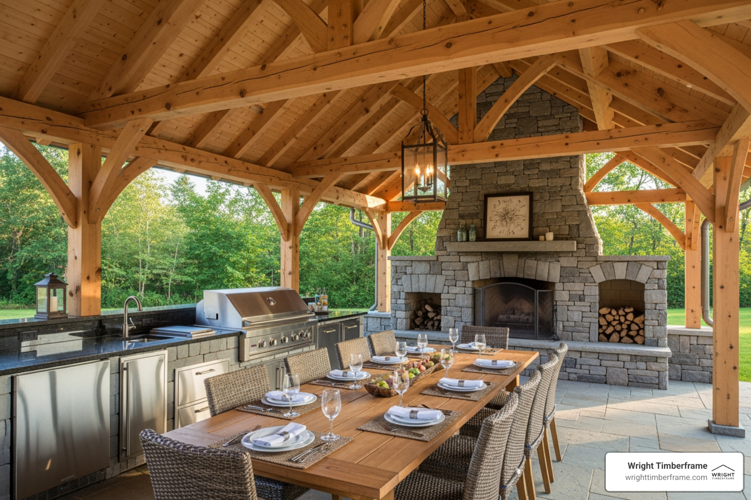 a timber frame pavilion with a built-in stone fireplace and a full outdoor kitchen, complete with a grill and dining table - creative uses for timber frame pavilion a timber frame pavilion with a built-in stone fireplace and a full outdoor kitchen, complete with a grill and dining table - creative uses for timber frame pavilion