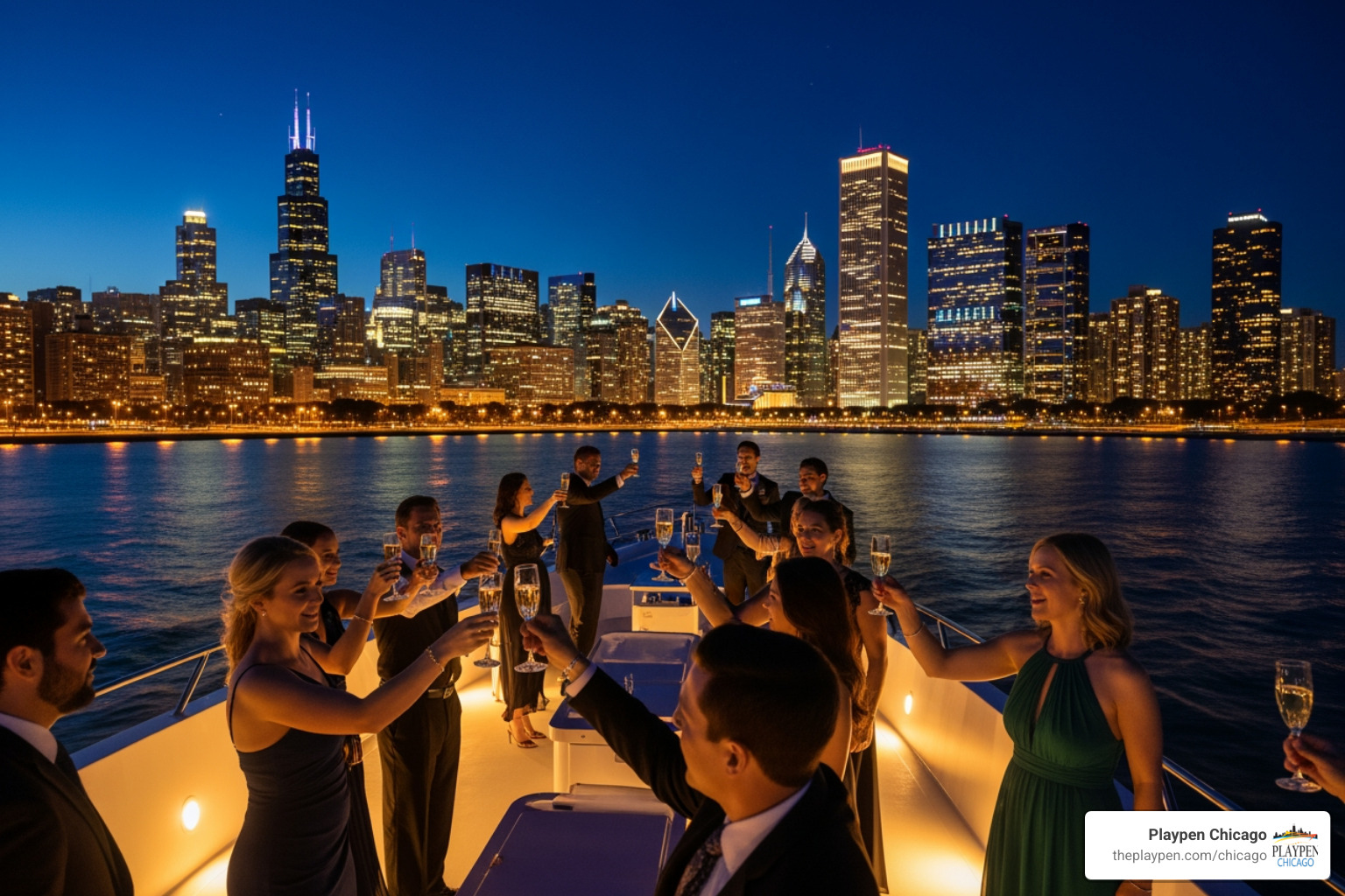 guests toasting champagne with city lights - chicago exclusive yacht charter events guests toasting champagne with city lights - chicago exclusive yacht charter events