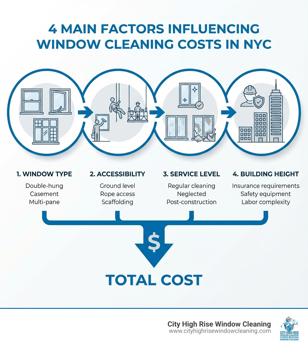 Infographic showing the 4 main factors influencing window cleaning costs: 1. Window Type (double-hung, casement, multi-pane), 2. Accessibility (ground level vs high-rise, rope access, scaffolding), 3. Service Level (regular cleaning vs post-construction vs neglected), and 4. Building Height (insurance requirements, safety equipment, labor complexity) - window cleaning cost NYC infographic Infographic showing the 4 main factors influencing window cleaning costs: 1. Window Type (double-hung, casement, multi-pane), 2. Accessibility (ground level vs high-rise, rope access, scaffolding), 3. Service Level (regular cleaning vs post-construction vs neglected), and 4. Building Height (insurance requirements, safety equipment, labor complexity) - window cleaning cost NYC infographic