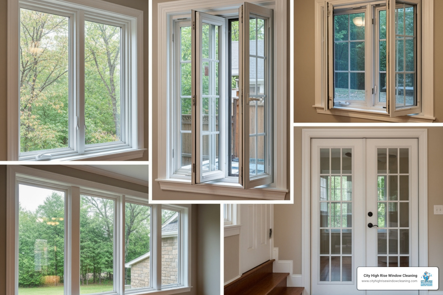 Collage of different window types like double-hung, casement, and French doors with labels - window cleaning cost NYC Collage of different window types like double-hung, casement, and French doors with labels - window cleaning cost NYC