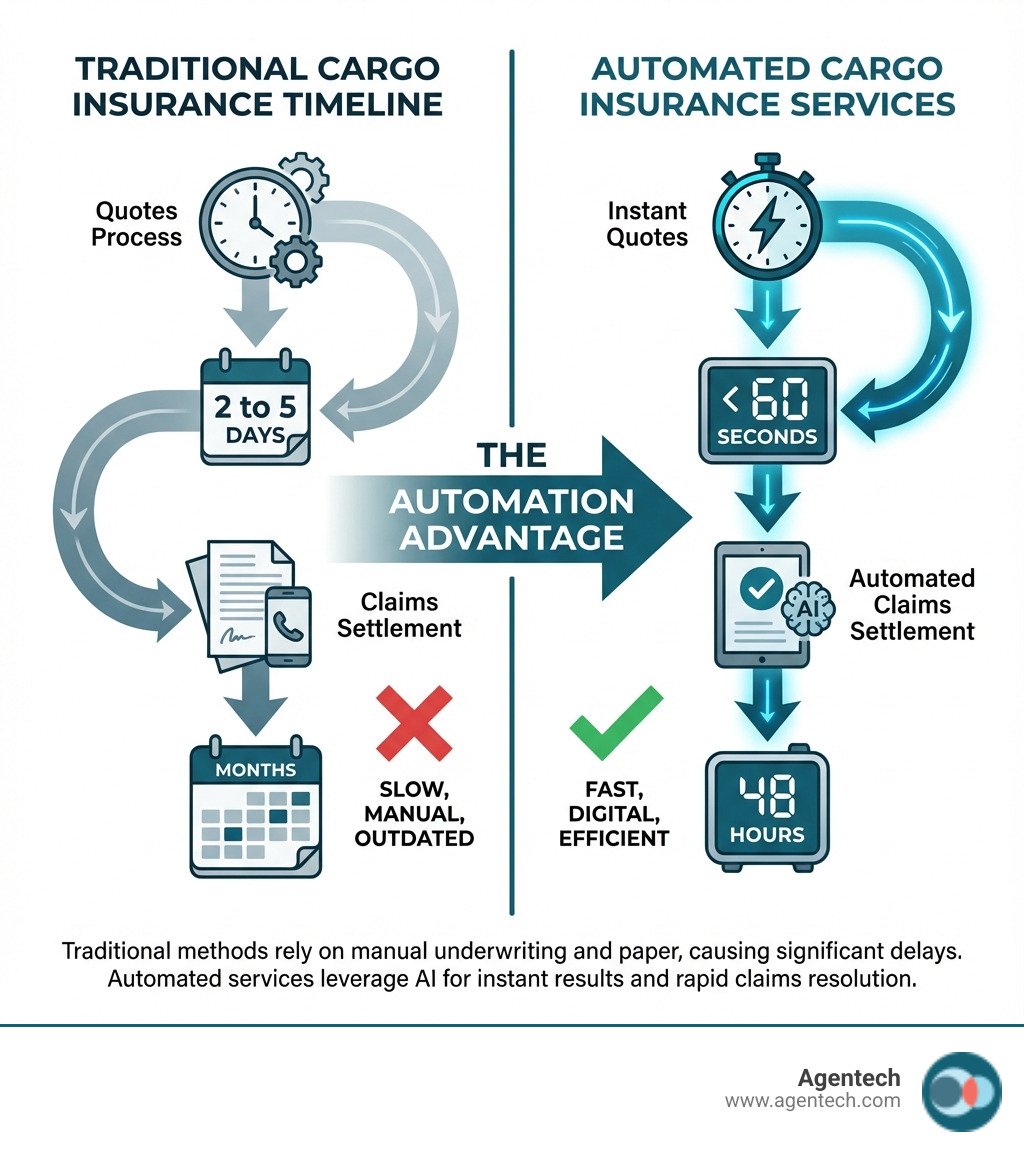 infographic comparing traditional cargo insurance timeline showing 2 to 5 days for quotes and months for claims versus automated services showing under 60 seconds for quotes and 48 hours for claims settlement - automated cargo insurance services infographic