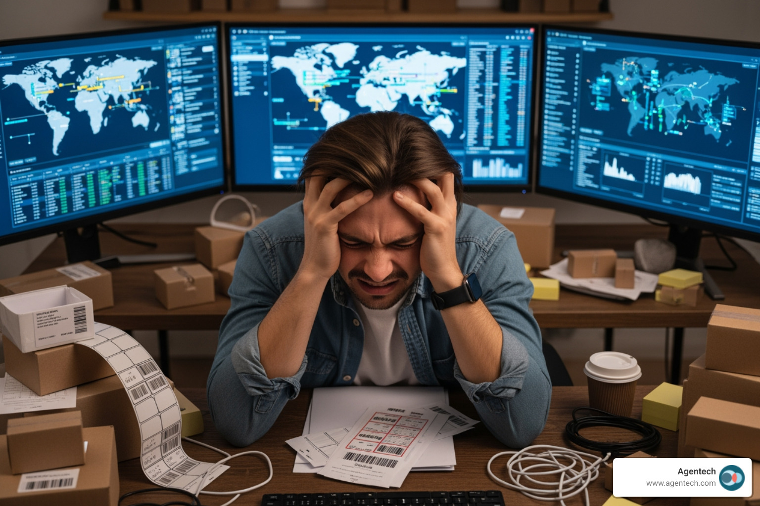 person looking stressed surrounded by shipping documents - automated cargo insurance services