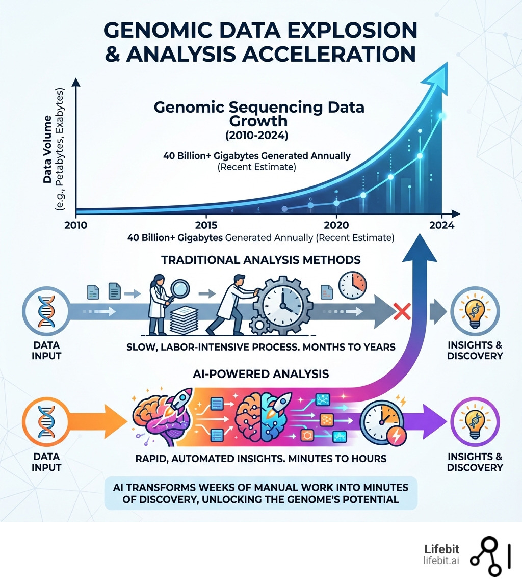 Infographic showing exponential growth of genomic sequencing data from 2010 to 2024, contrasted with traditional analysis methods that remain slow and labor-intensive, while AI-powered analysis accelerates from months to minutes - best ai for genomics infographic 