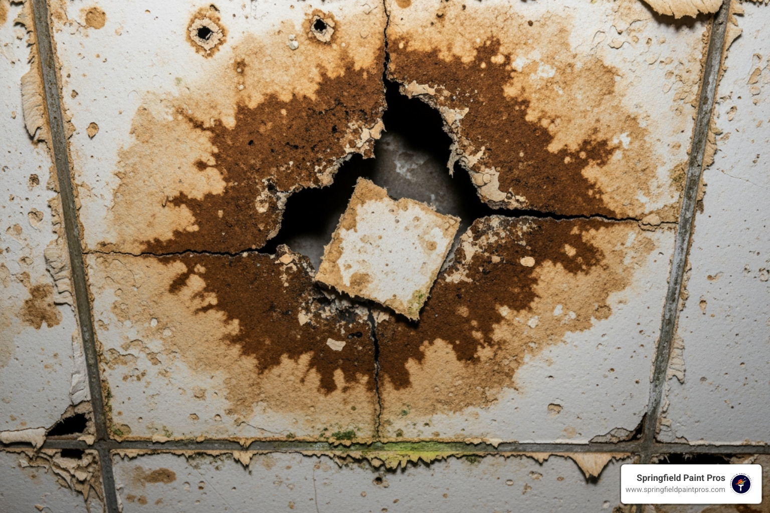 An old, stained, and damaged ceiling tile in a pre-1980s building - cellulose ceiling tiles