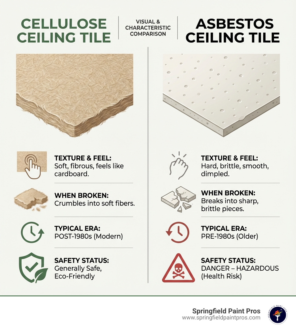 Infographic comparing cellulose and asbestos ceiling tiles showing side-by-side visual differences: cellulose with soft, fibrous cardboard-like texture and light tan/brown color versus asbestos with smooth, dimpled surface and brittle, harder composition, including age indicators and safety symbols - cellulose ceiling tiles infographic 