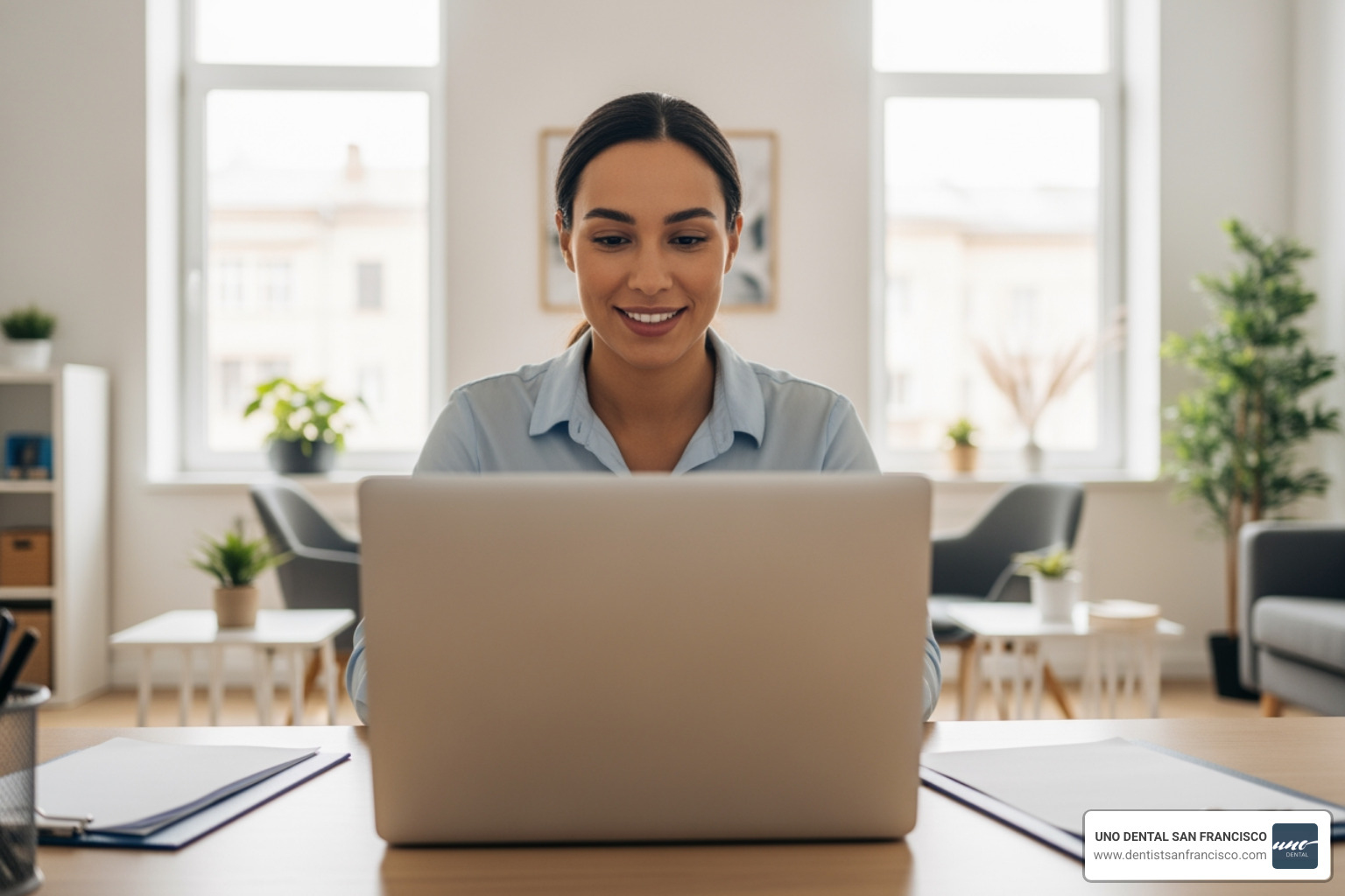 person smiling confidently while using a laptop for a virtual consultation - virtual invisalign consultation person smiling confidently while using a laptop for a virtual consultation - virtual invisalign consultation
