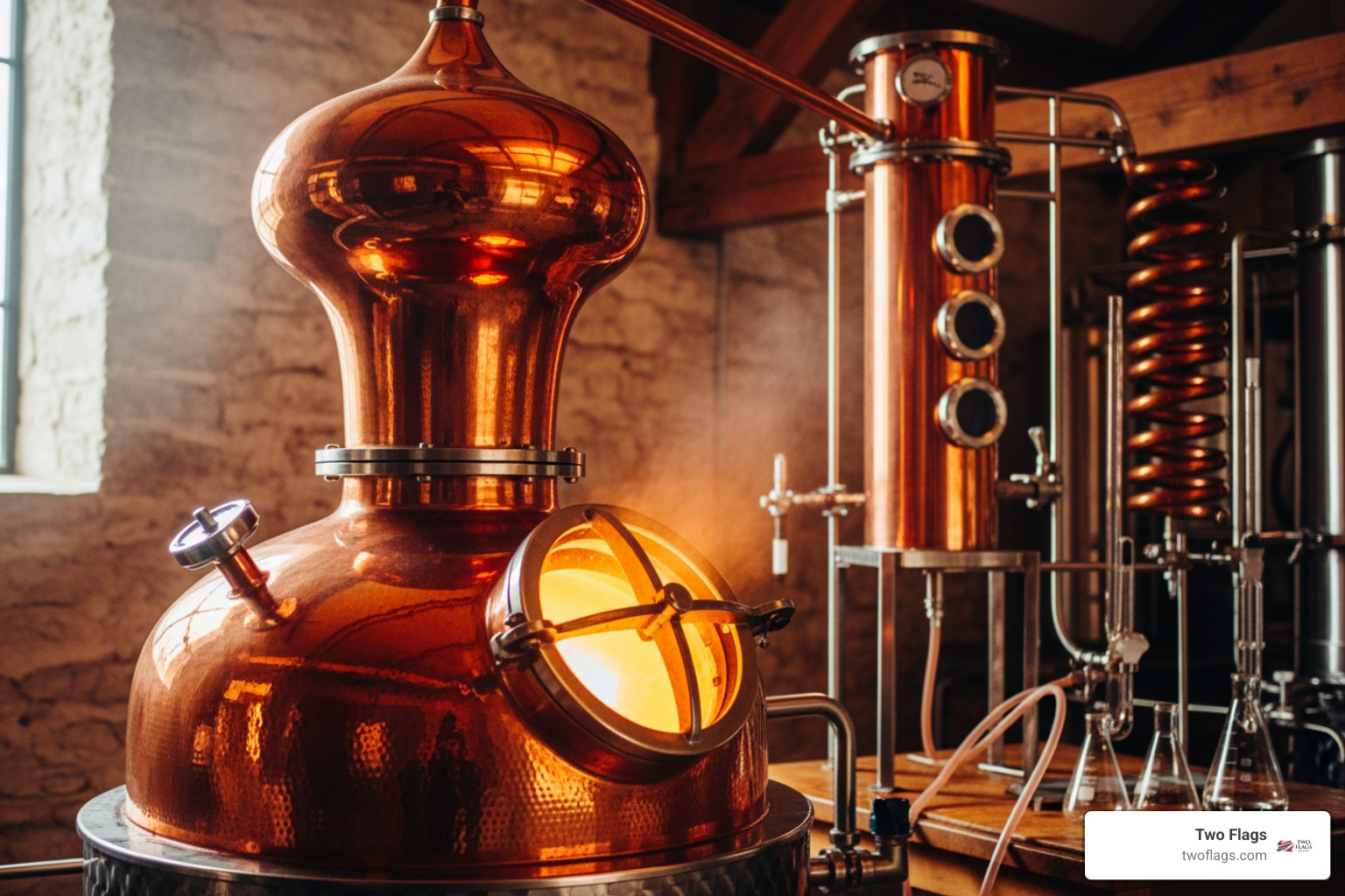 a traditional copper pot still glowing during distillation - best luxury vodka