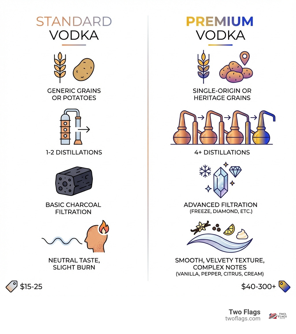 Infographic comparing standard vs. premium vodka: Standard vodka uses generic grains or potatoes, undergoes 1-2 distillations, basic charcoal filtration, and has a neutral taste with slight burn. Premium vodka uses single-origin or heritage grains, undergoes 4+ distillations, advanced filtration methods like freeze-filtration or diamond filtration, and delivers a smooth, velvety texture with complex notes of vanilla, pepper, citrus, or cream. Price difference ranges from $15-25 for standard to $40-300+ for premium. - best luxury vodka infographic 
