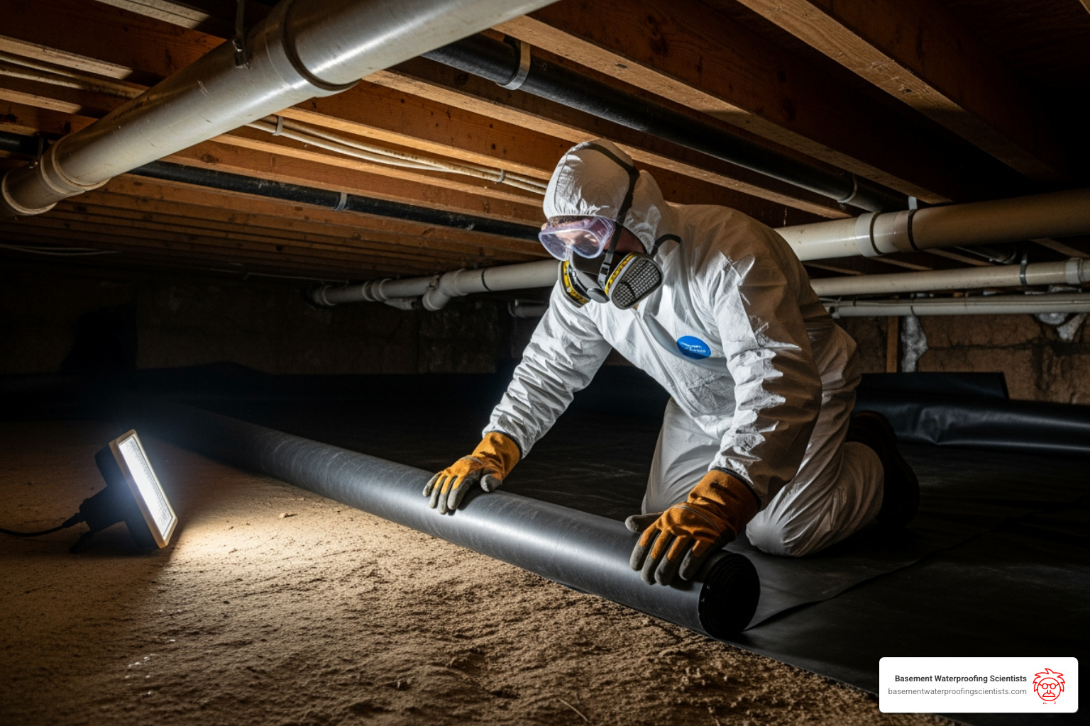 person wearing safety gear working in a crawl space - moisture barrier under house