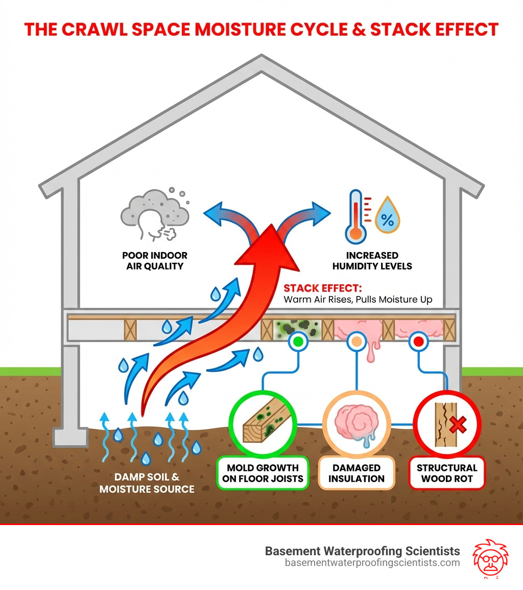infographic showing how moisture from crawl space rises through home via stack effect, affecting air quality, causing mold growth on floor joists, increasing humidity levels in living areas, damaging insulation, and leading to structural wood rot - moisture barrier under house infographic 