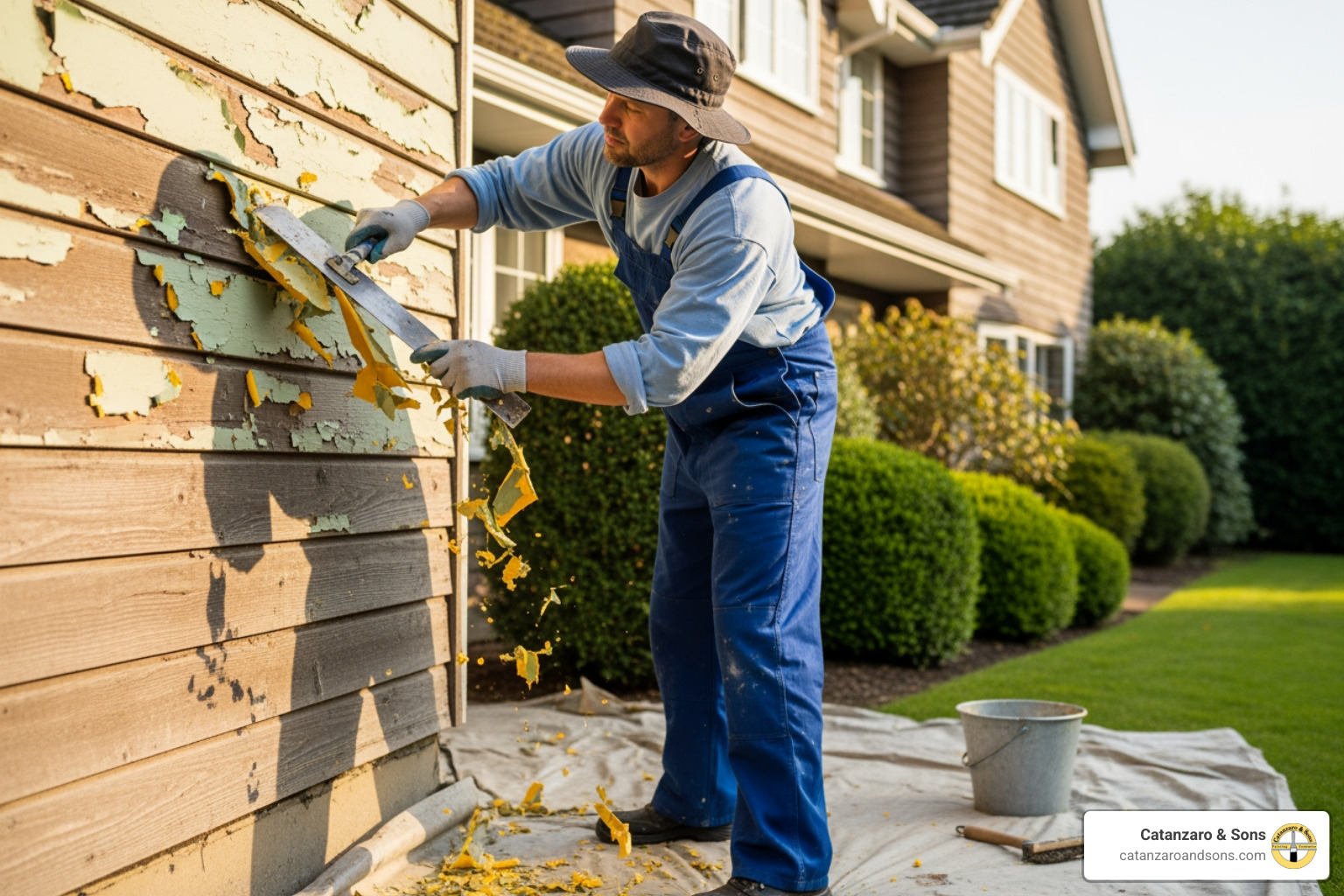 A painter carefully scraping old, peeling paint from a home's exterior - average cost of painting a house exterior in rhode island A painter carefully scraping old, peeling paint from a home's exterior - average cost of painting a house exterior in rhode island