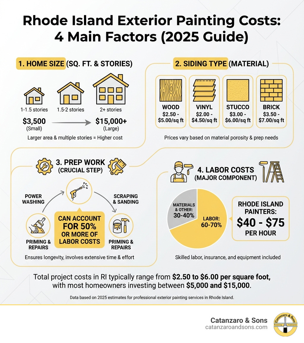 Infographic showing the four main factors affecting exterior painting costs in Rhode Island: Home Size (measured in square footage and number of stories, ranging from $3,500 for small homes to $15,000+ for large homes), Siding Type (Wood at $2.50-$5.00/sq ft, Vinyl at $2.00-$4.50/sq ft, Stucco at $3.00-$6.00/sq ft, and Brick at $3.50-$7.00/sq ft), Prep Work (including power washing, scraping, sanding, priming, and repairs, which can account for 50% or more of labor costs), and Labor Costs (60-70% of total project cost, with Rhode Island painters charging $40-$75 per hour) - average cost of painting a house exterior in rhode island infographic Infographic showing the four main factors affecting exterior painting costs in Rhode Island: Home Size (measured in square footage and number of stories, ranging from $3,500 for small homes to $15,000+ for large homes), Siding Type (Wood at $2.50-$5.00/sq ft, Vinyl at $2.00-$4.50/sq ft, Stucco at $3.00-$6.00/sq ft, and Brick at $3.50-$7.00/sq ft), Prep Work (including power washing, scraping, sanding, priming, and repairs, which can account for 50% or more of labor costs), and Labor Costs (60-70% of total project cost, with Rhode Island painters charging $40-$75 per hour) - average cost of painting a house exterior in rhode island infographic