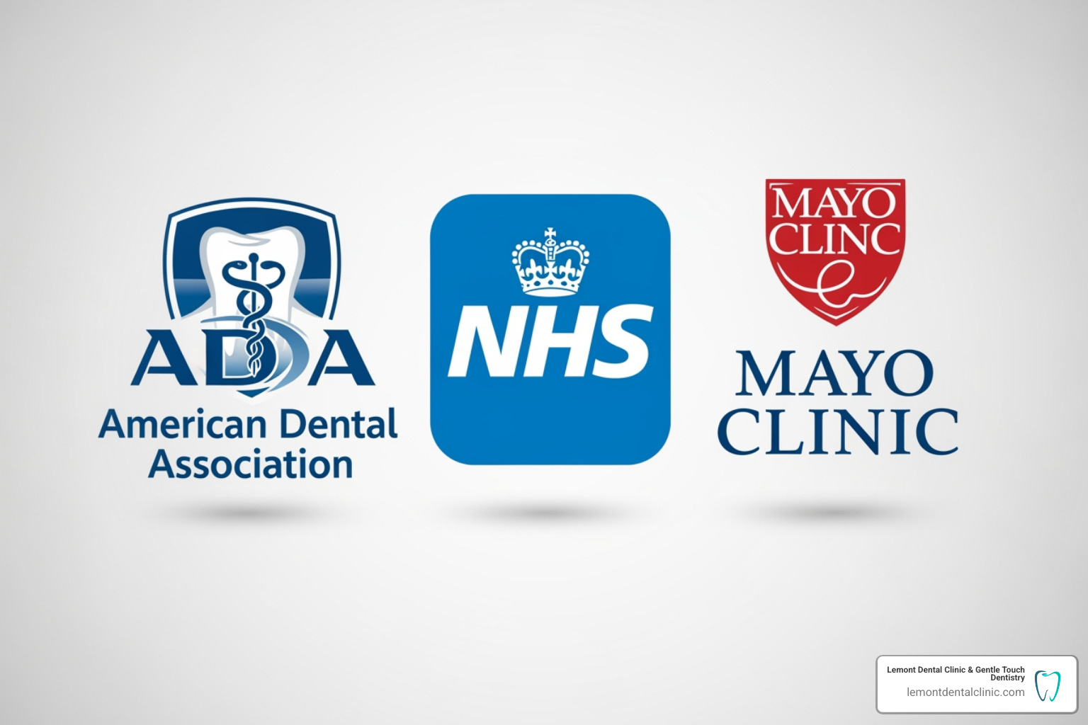 logos for the ADA, NHS, and Mayo Clinic - mouthwash before or after brushing