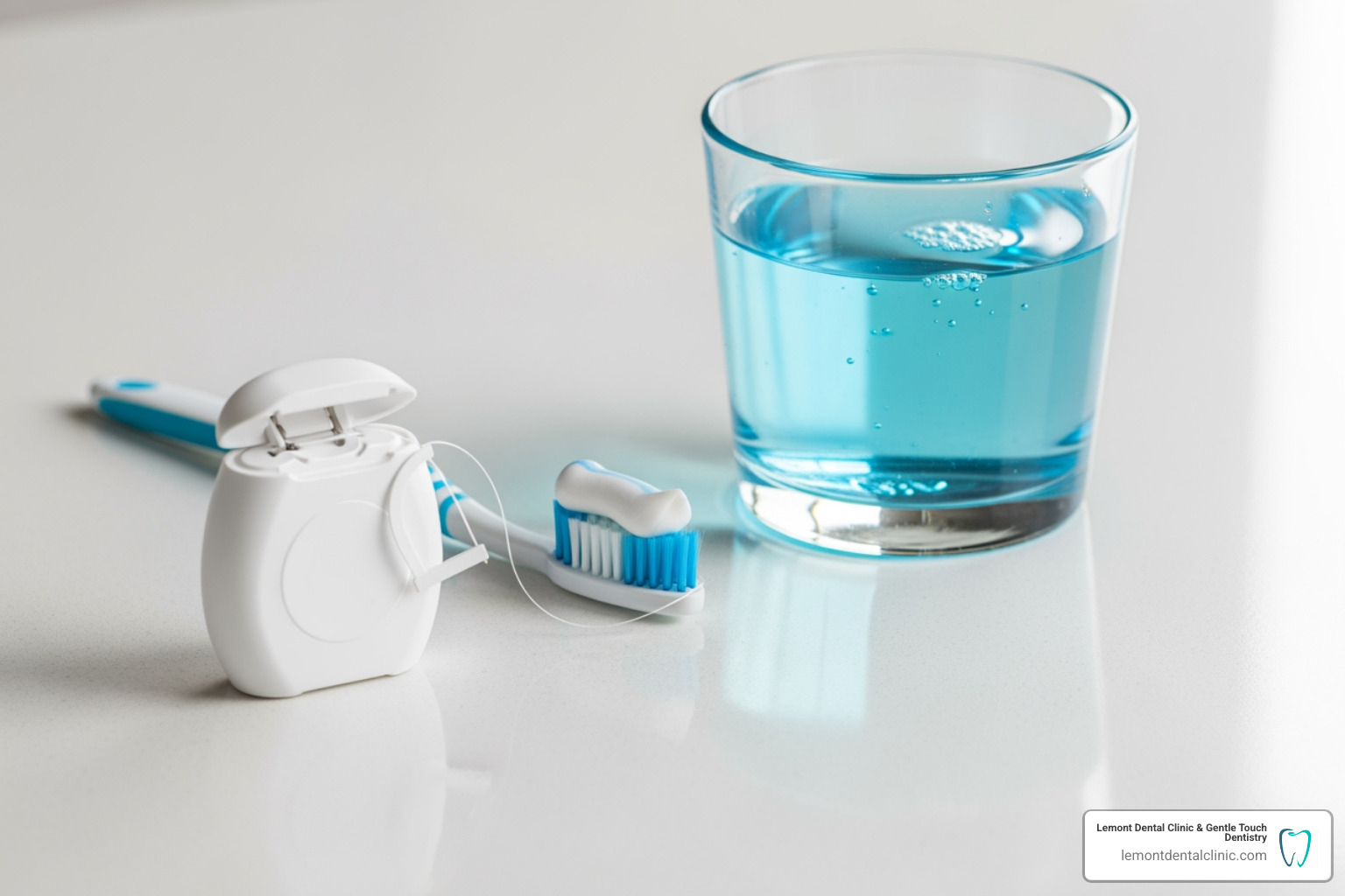 dental floss, a toothbrush with paste, and a cup of mouthwash in a row - mouthwash before or after brushing