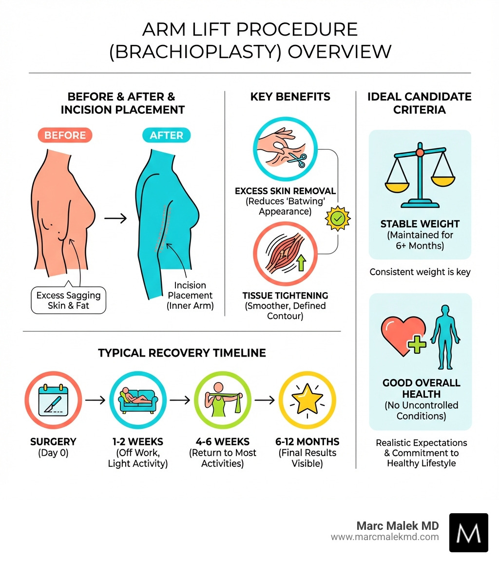 infographic showing arm lift procedure overview with before and after arm silhouettes, incision placement on inner arm, key benefits including excess skin removal and tissue tightening, typical recovery timeline from surgery through 6-12 months for final results, and ideal candidate criteria including stable weight and good overall health - arm lift infographic infographic showing arm lift procedure overview with before and after arm silhouettes, incision placement on inner arm, key benefits including excess skin removal and tissue tightening, typical recovery timeline from surgery through 6-12 months for final results, and ideal candidate criteria including stable weight and good overall health - arm lift infographic