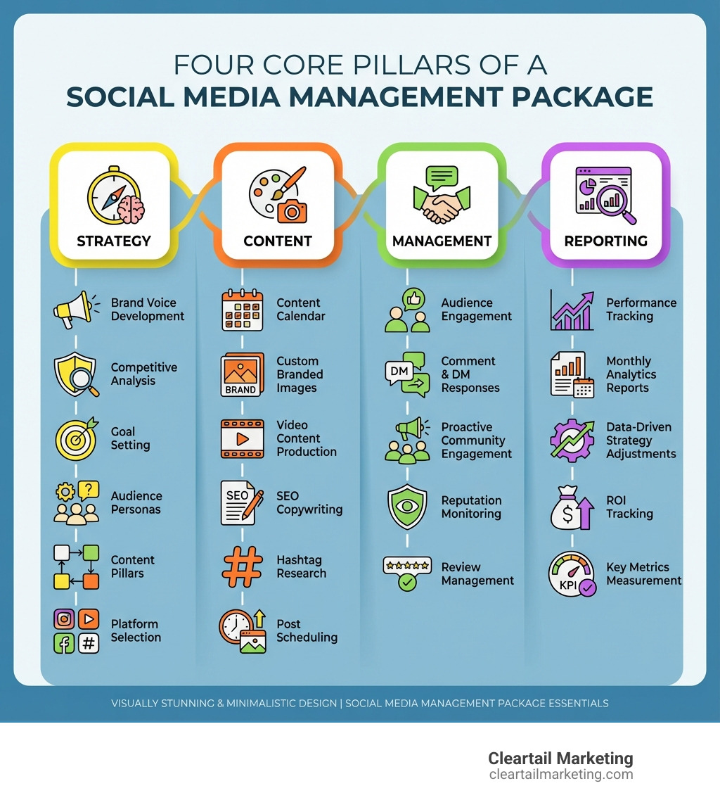 INFOGRAPHIC SHOWING FOUR CORE PILLARS OF A SOCIAL MEDIA MANAGEMENT PACKAGE: STRATEGY PILLAR INCLUDES BRAND VOICE DEVELOPMENT, COMPETITIVE ANALYSIS, GOAL SETTING, AUDIENCE PERSONAS, CONTENT PILLARS, AND PLATFORM SELECTION; CONTENT PILLAR INCLUDES CONTENT CALENDAR, CUSTOM BRANDED IMAGES, VIDEO CONTENT PRODUCTION, SEO COPYWRITING, HASHTAG RESEARCH, AND POST SCHEDULING; MANAGEMENT PILLAR INCLUDES AUDIENCE ENGAGEMENT, COMMENT AND DM RESPONSES, PROACTIVE COMMUNITY ENGAGEMENT, REPUTATION MONITORING, AND REVIEW MANAGEMENT; REPORTING PILLAR INCLUDES PERFORMANCE TRACKING, MONTHLY ANALYTICS REPORTS, DATA-DRIVEN STRATEGY ADJUSTMENTS, ROI TRACKING, AND KEY METRICS MEASUREMENT FOR REACH, ENGAGEMENT, AND CONVERSIONS - SOCIAL MEDIA MANAGEMENT PACKAGE INFOGRAPHIC INFOGRAPHIC SHOWING FOUR CORE PILLARS OF A SOCIAL MEDIA MANAGEMENT PACKAGE: STRATEGY PILLAR INCLUDES BRAND VOICE DEVELOPMENT, COMPETITIVE ANALYSIS, GOAL SETTING, AUDIENCE PERSONAS, CONTENT PILLARS, AND PLATFORM SELECTION; CONTENT PILLAR INCLUDES CONTENT CALENDAR, CUSTOM BRANDED IMAGES, VIDEO CONTENT PRODUCTION, SEO COPYWRITING, HASHTAG RESEARCH, AND POST SCHEDULING; MANAGEMENT PILLAR INCLUDES AUDIENCE ENGAGEMENT, COMMENT AND DM RESPONSES, PROACTIVE COMMUNITY ENGAGEMENT, REPUTATION MONITORING, AND REVIEW MANAGEMENT; REPORTING PILLAR INCLUDES PERFORMANCE TRACKING, MONTHLY ANALYTICS REPORTS, DATA-DRIVEN STRATEGY ADJUSTMENTS, ROI TRACKING, AND KEY METRICS MEASUREMENT FOR REACH, ENGAGEMENT, AND CONVERSIONS - SOCIAL MEDIA MANAGEMENT PACKAGE INFOGRAPHIC