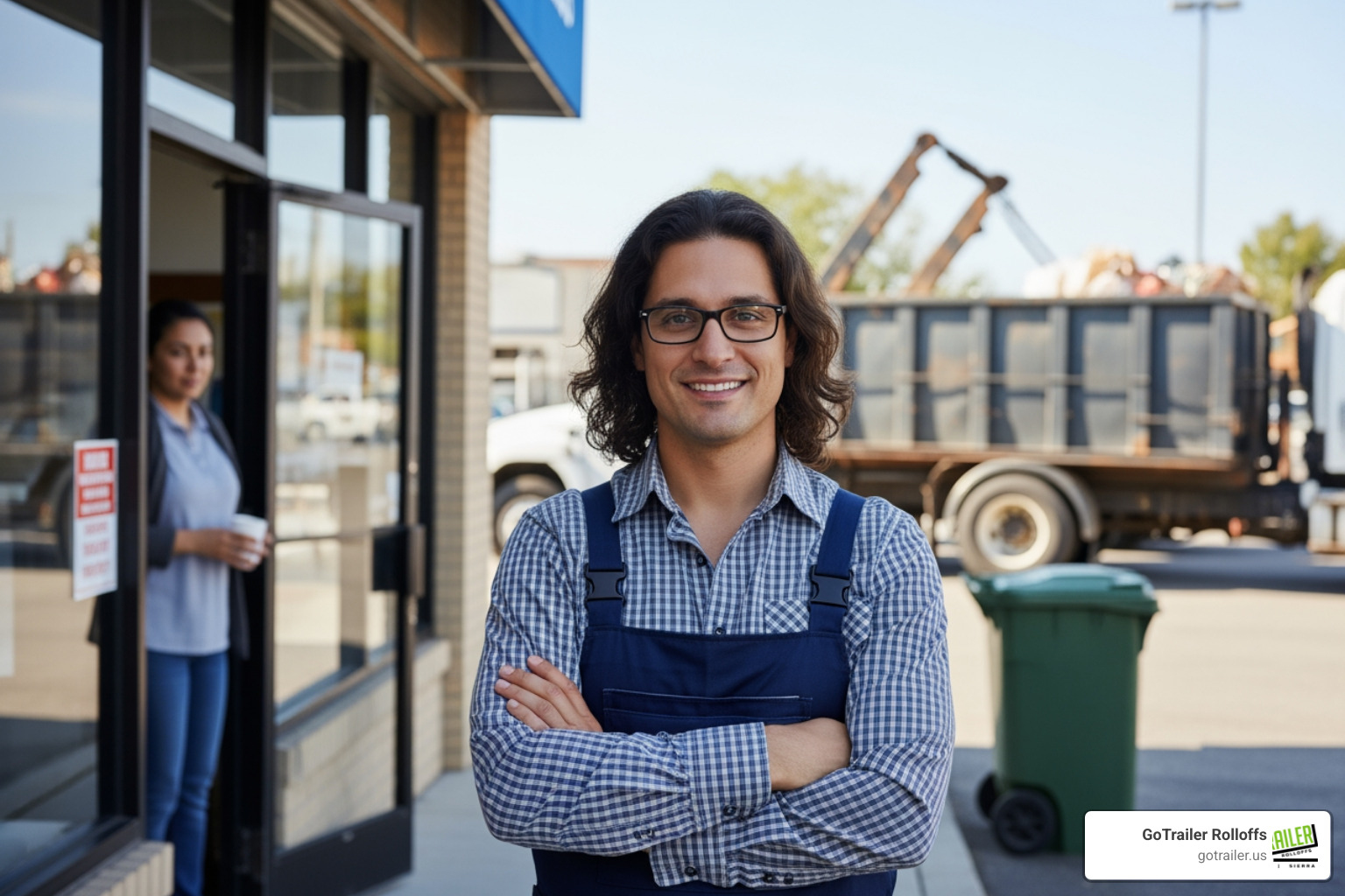 business owner looking relieved in front of a clean storefront with a dumpster being hauled away - professional waste disposal business owner looking relieved in front of a clean storefront with a dumpster being hauled away - professional waste disposal