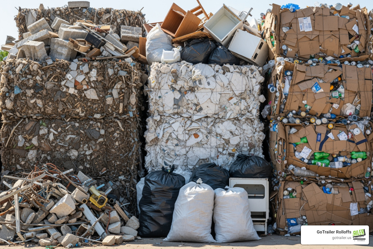 sorted waste piles: construction debris, household junk, and recyclables - professional waste disposal sorted waste piles: construction debris, household junk, and recyclables - professional waste disposal