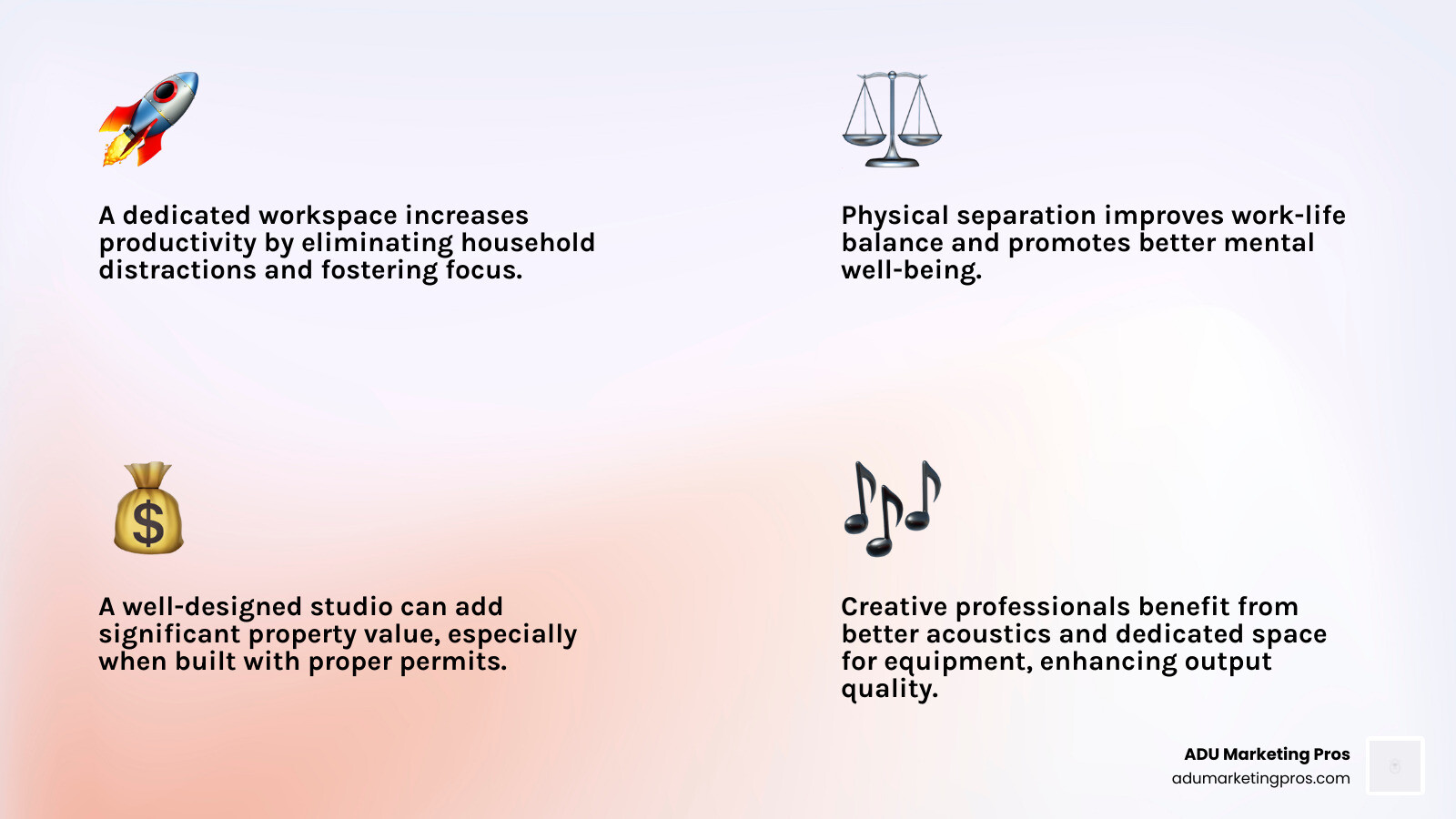 Infographic showing key benefits of a home office studio: a dedicated workspace increases productivity by eliminating household distractions; physical separation improves work-life balance and mental health; a well-designed studio can add significant property value especially with proper permits; and creative professionals gain better acoustics and space for equipment leading to improved output quality - Home office studio infographic 4_facts_emoji_light-gradient