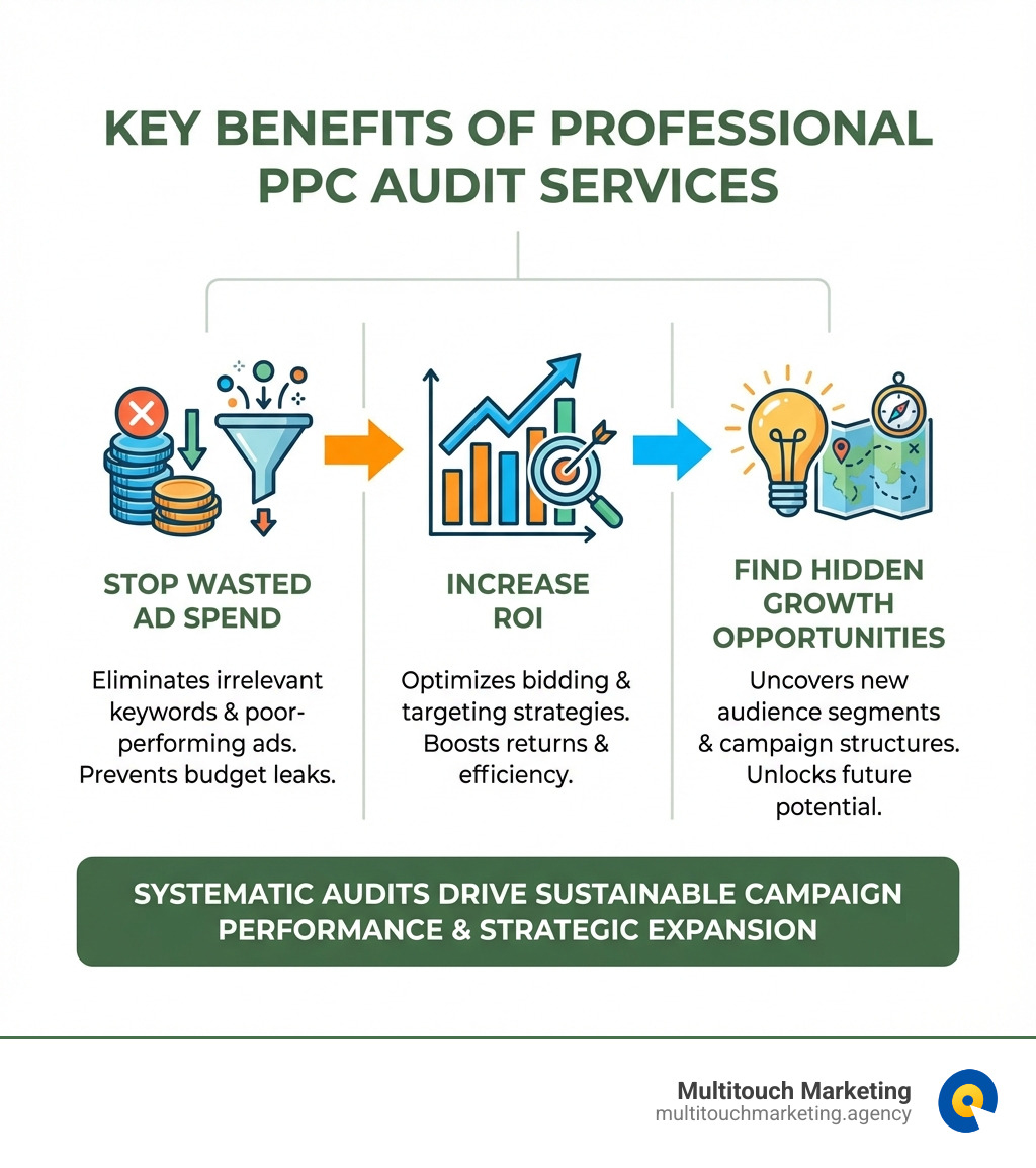 infographic showing the key benefits of professional PPC audit services: a systematic breakdown of how audits Stop Wasted Ad Spend by eliminating irrelevant keywords and poor-performing ads, Increase ROI through optimized bidding and targeting strategies, and Find Hidden Growth Opportunities by uncovering new audience segments and campaign structures, with icons representing cost savings, upward trending graphs, and discovery - professional ppc audit services infographic infographic showing the key benefits of professional PPC audit services: a systematic breakdown of how audits Stop Wasted Ad Spend by eliminating irrelevant keywords and poor-performing ads, Increase ROI through optimized bidding and targeting strategies, and Find Hidden Growth Opportunities by uncovering new audience segments and campaign structures, with icons representing cost savings, upward trending graphs, and discovery - professional ppc audit services infographic