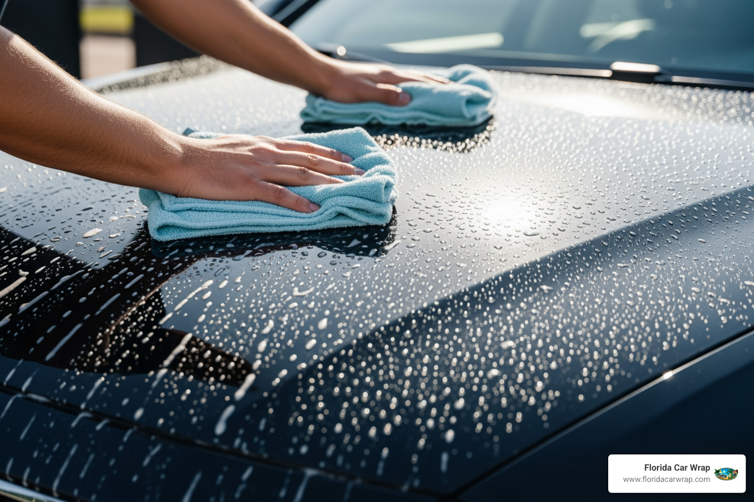 Car being hand-washed with care, showing water beading on the ceramic coated surface, emphasizing proper maintenance techniques - ceramic coating service Car being hand-washed with care, showing water beading on the ceramic coated surface, emphasizing proper maintenance techniques - ceramic coating service