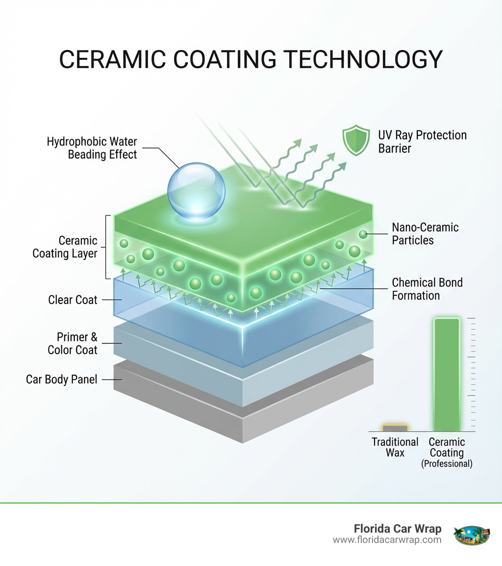 Infographic showing cross-section of ceramic coating layer bonding to car paint clear coat, with labels indicating nano-ceramic particles, chemical bond formation, hydrophobic water beading effect, UV ray protection barrier, and comparison of coating thickness to traditional wax - ceramic coating service infographic Infographic showing cross-section of ceramic coating layer bonding to car paint clear coat, with labels indicating nano-ceramic particles, chemical bond formation, hydrophobic water beading effect, UV ray protection barrier, and comparison of coating thickness to traditional wax - ceramic coating service infographic